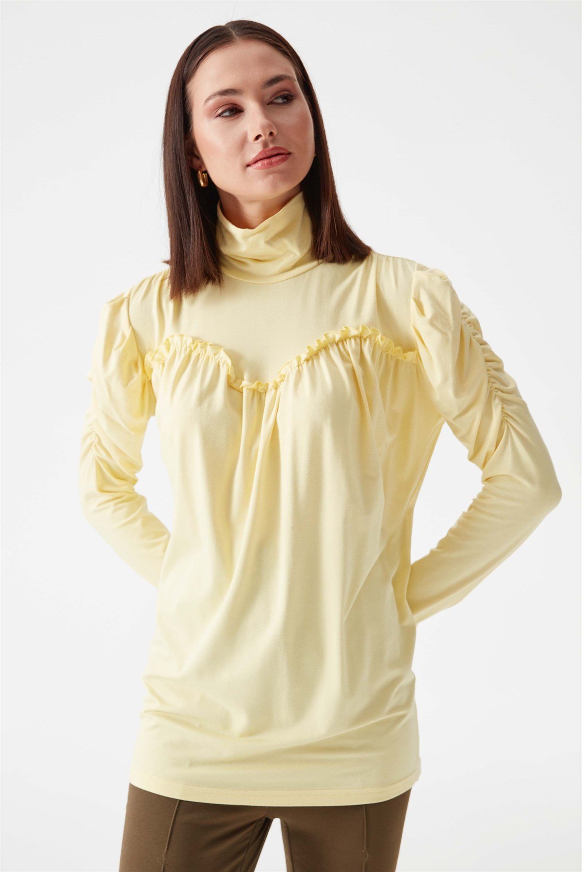 Fisherman Collar Shirring Detailed Combed Blouse - Yellow