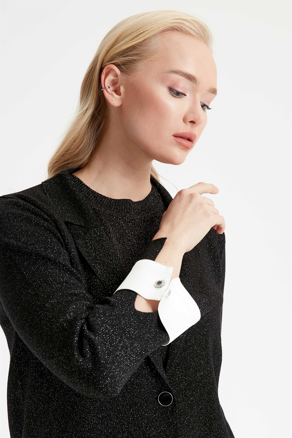Blazer Yaka Manşet Detay Triko Ceket - Siyah