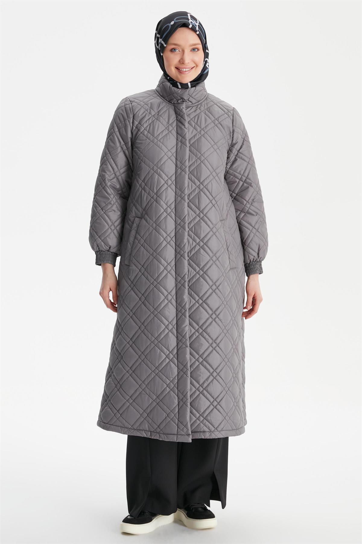 Plus Size Hidden Pat Quilted Coat - Gray