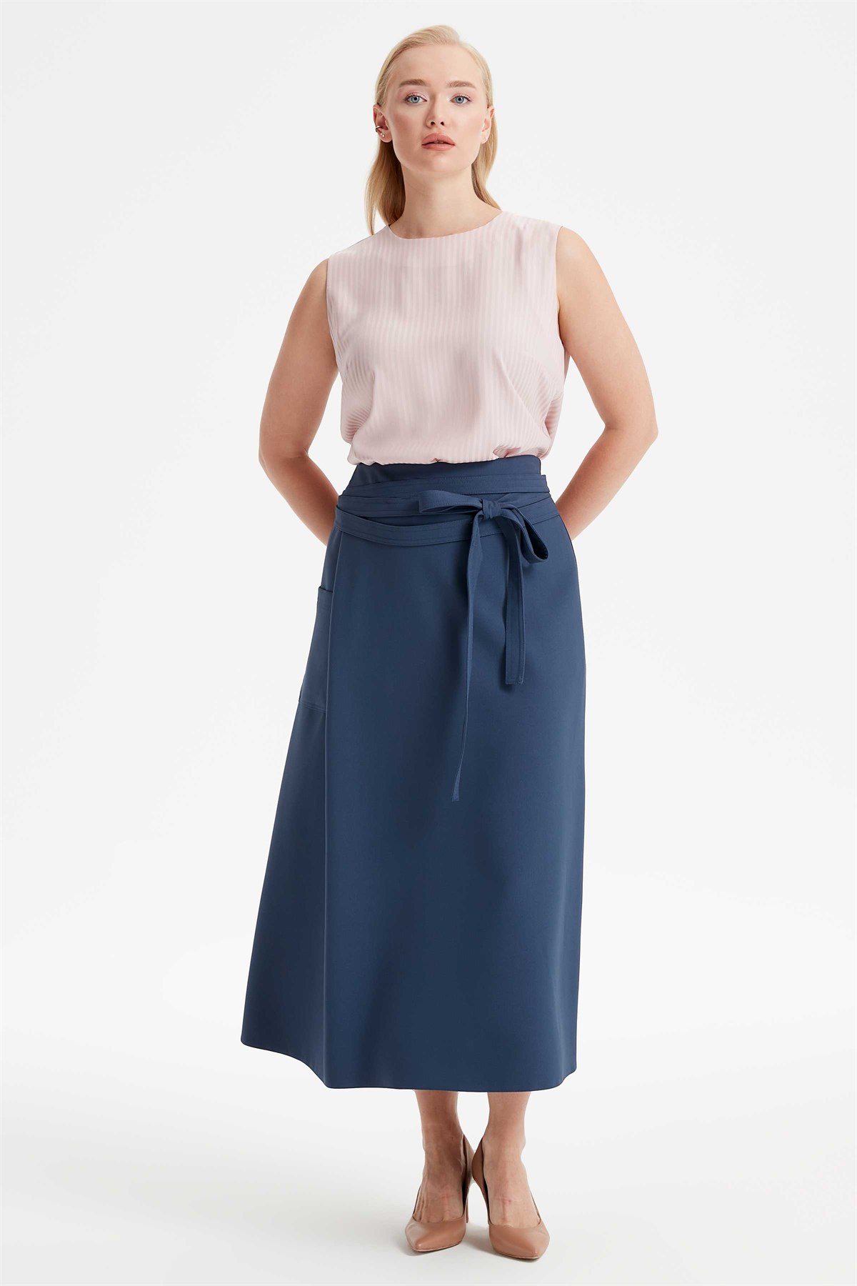 Plus Size Pleat Detail Mobile Wrap Belted Skirt - Indigo