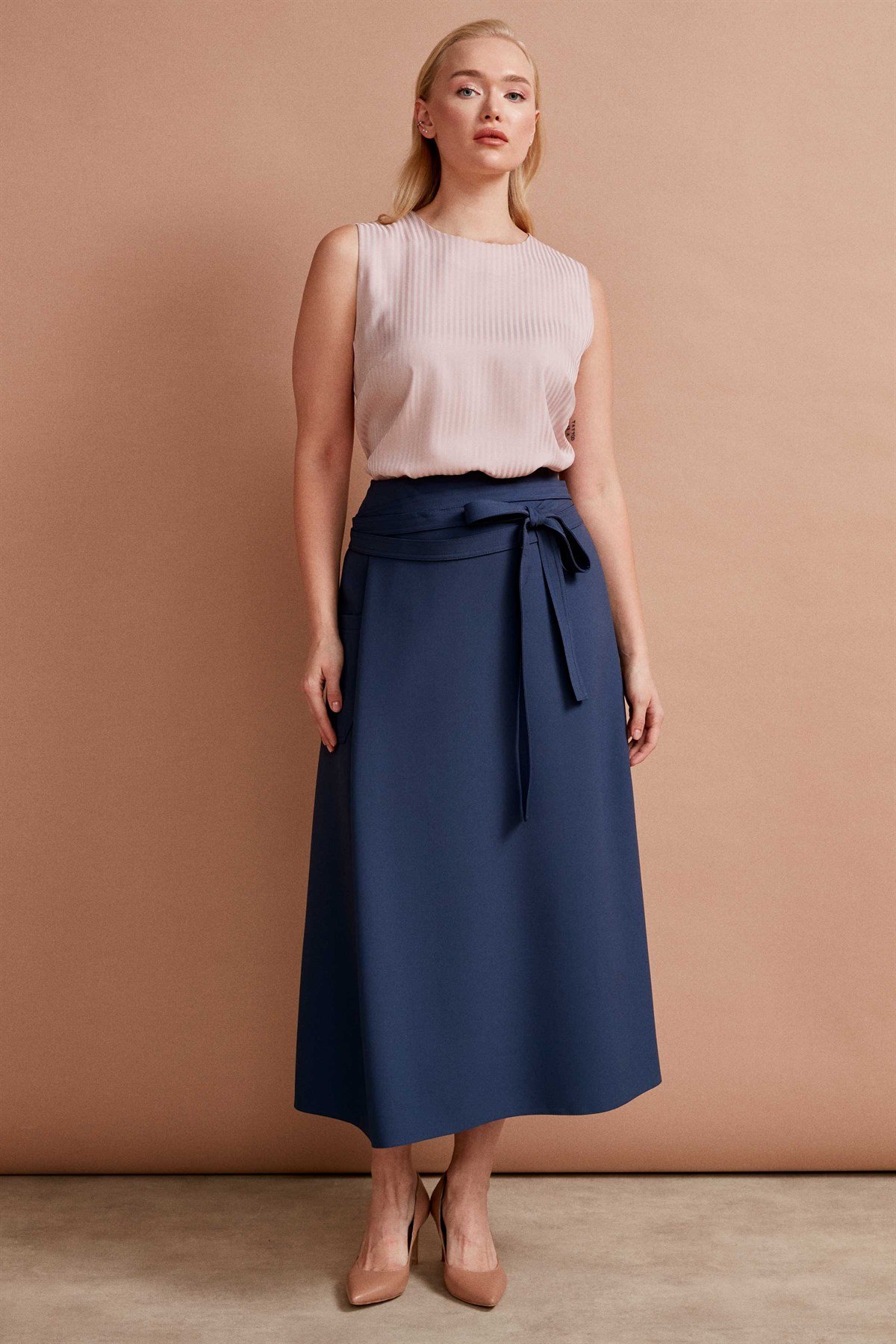 Plus Size Pleat Detail Mobile Wrap Belted Skirt - Indigo