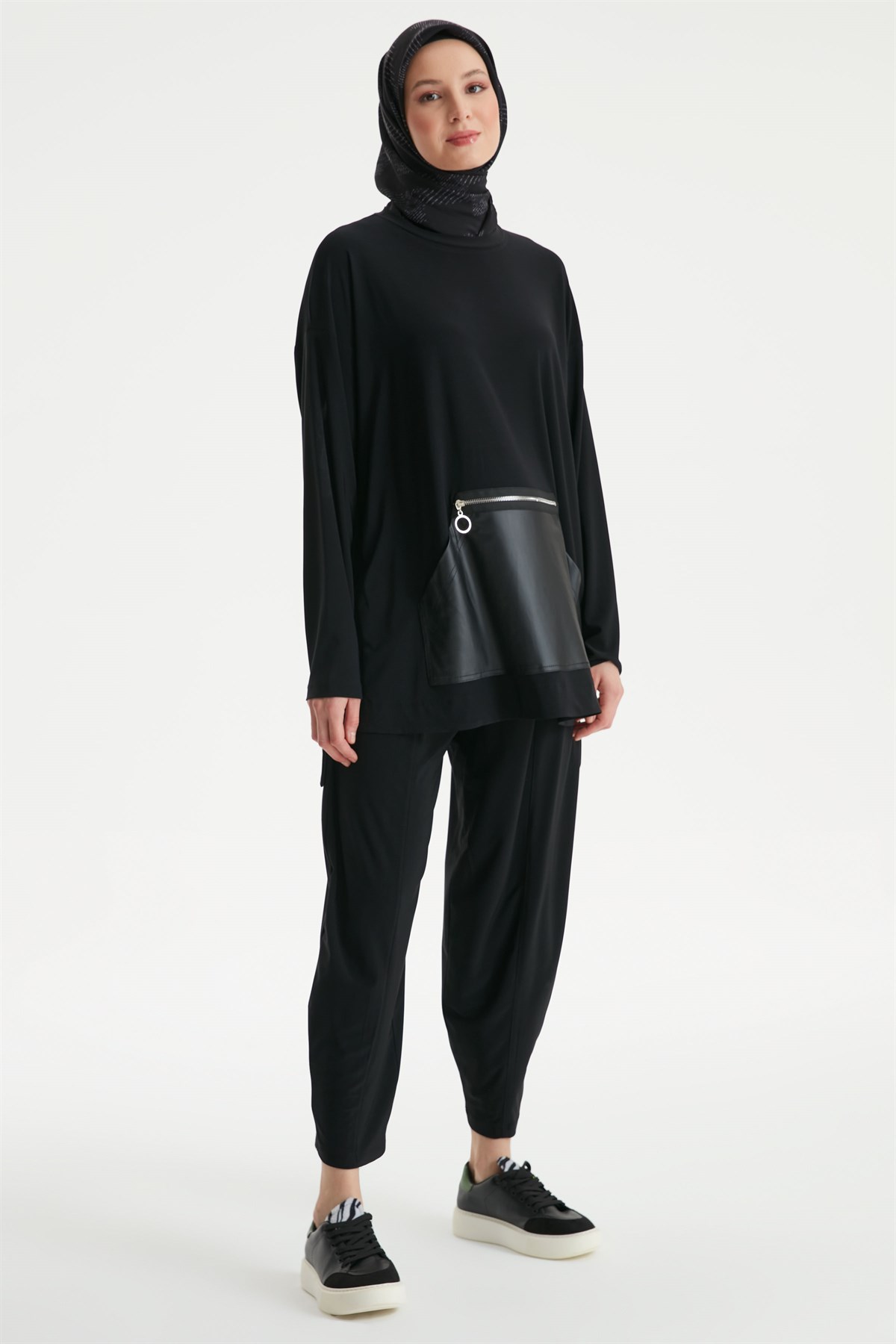Zipper Pocket Tunic Trousers Binary Set - Black
