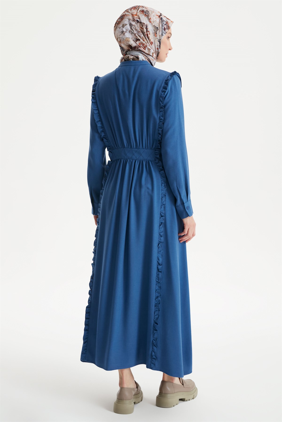 Ruffle Detailed Robed Dress - Navy Blue