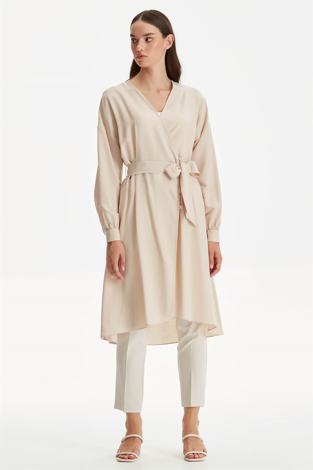 Double Breasted Button T Sleeve Asymmetrical Cut Belted Dress - Beige