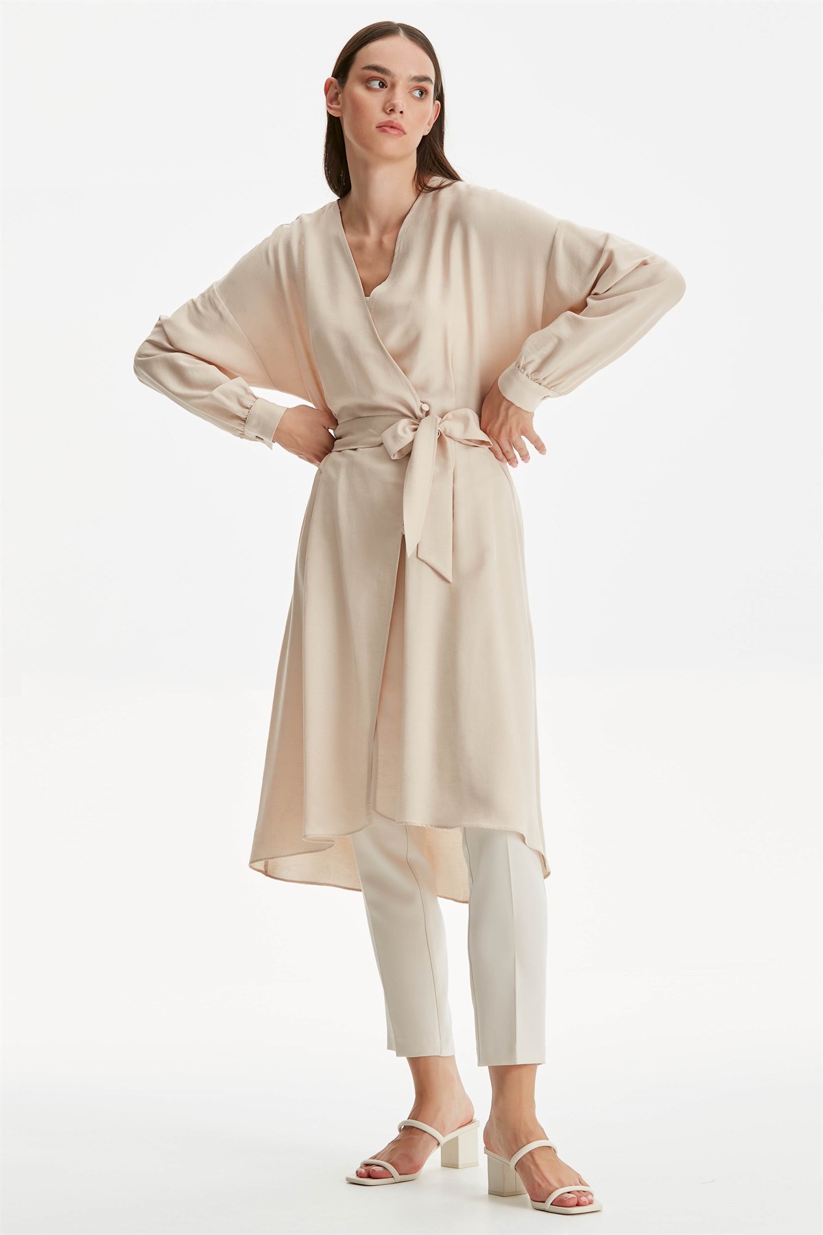 Double Breasted Button T Sleeve Asymmetrical Cut Belted Dress - Beige