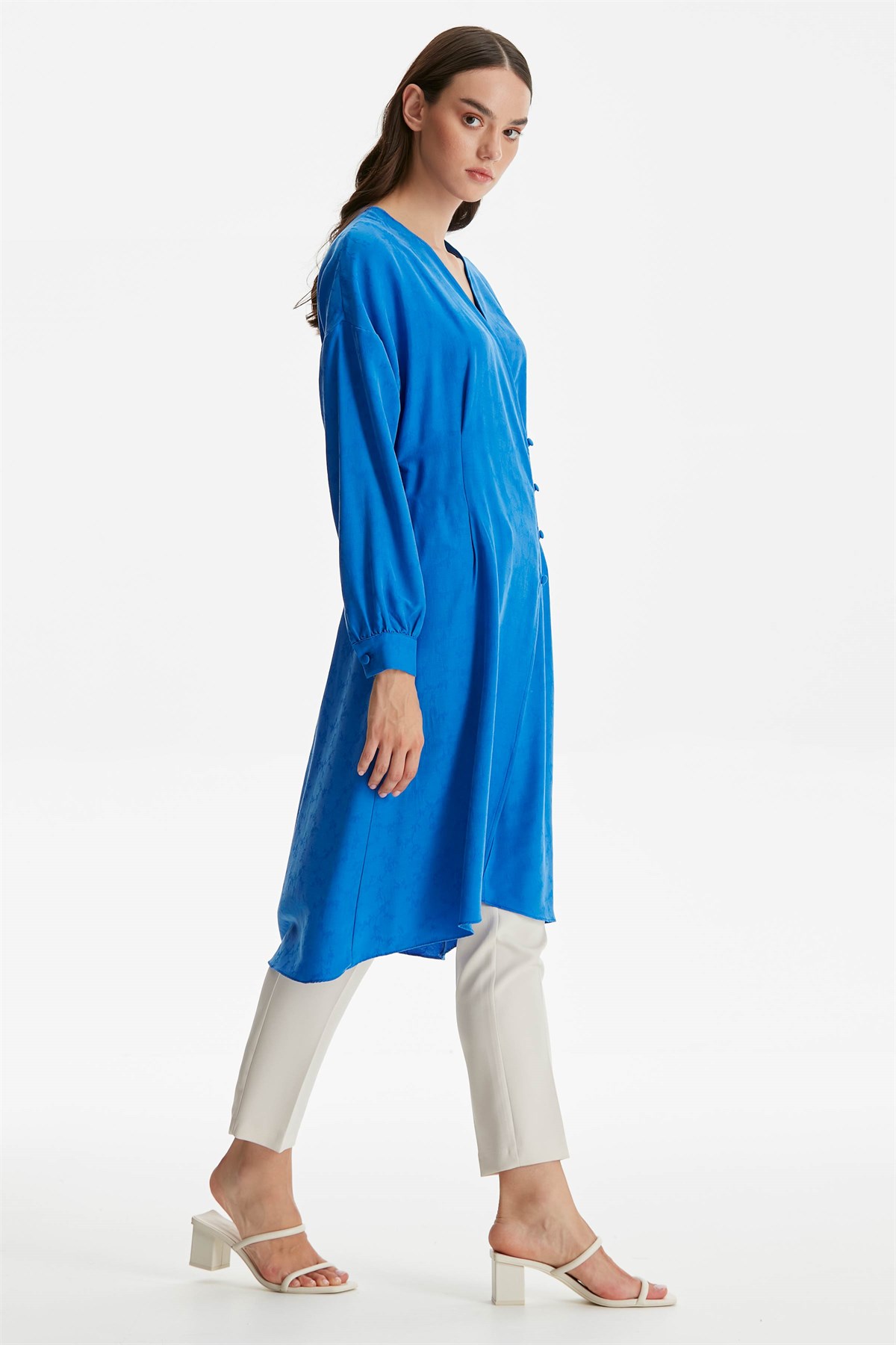 Double Breasted Button T Sleeve Asymmetrical Cut Belted Dress - Saks