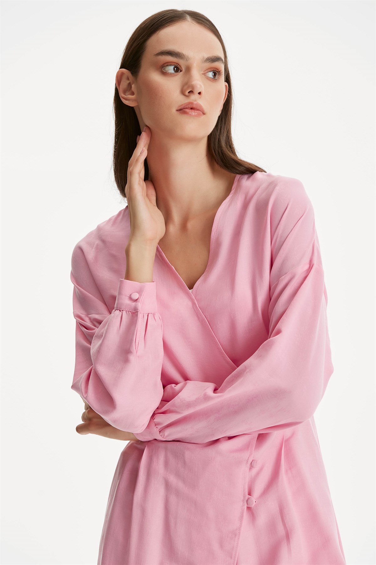 Double Breasted Button T Sleeve Asymmetrical Cut Belted Dress - Pink