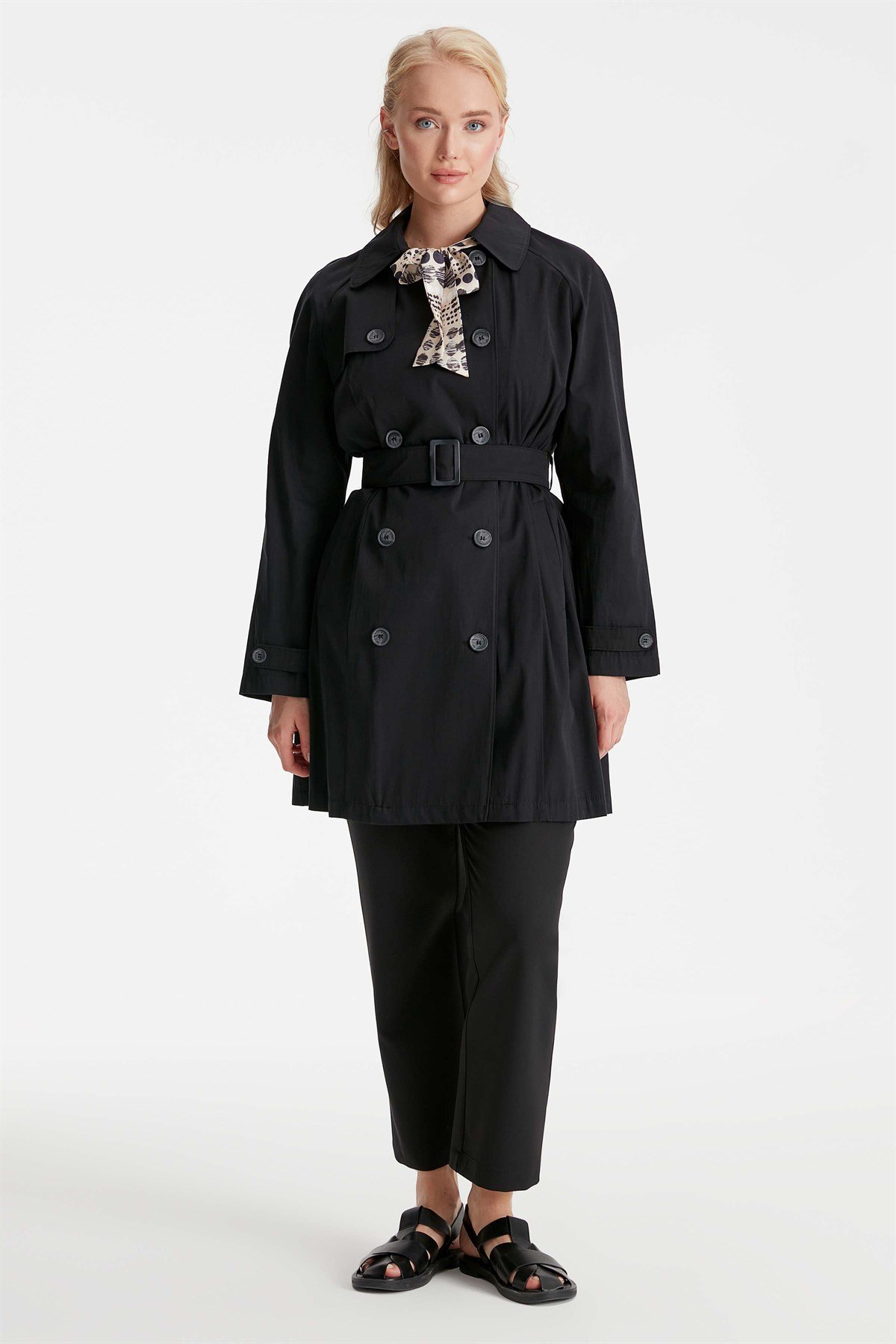 Double Breasted Closure Raglan Sleeve Trench Coat - Black