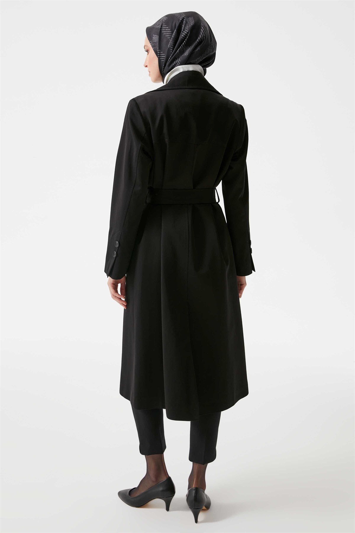 Double Breasted Collar Belted Trench Coat - Black