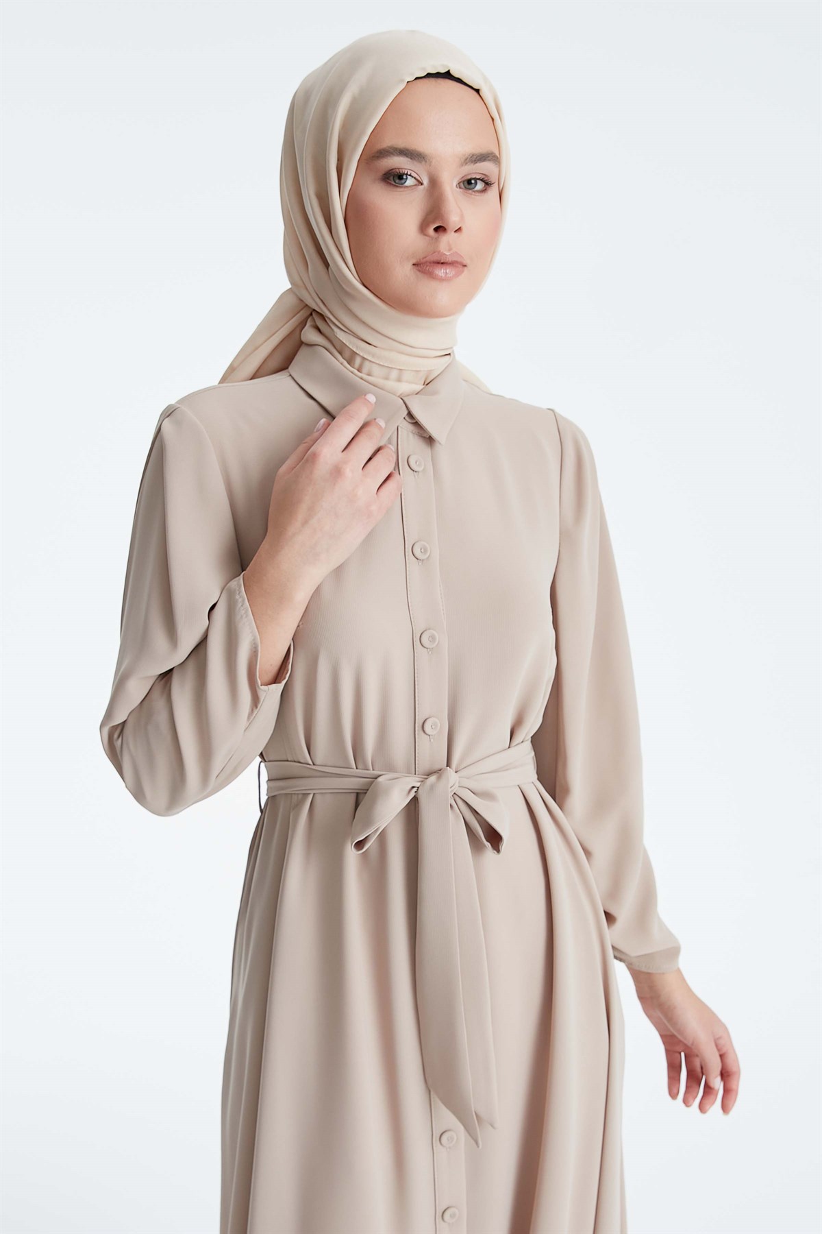 Shirt Collar Buttoned Belted Abaya - Beige