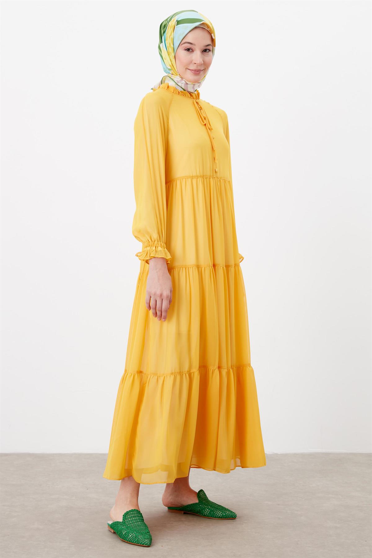 Reglan Kol Şifon Elbise - Sarı