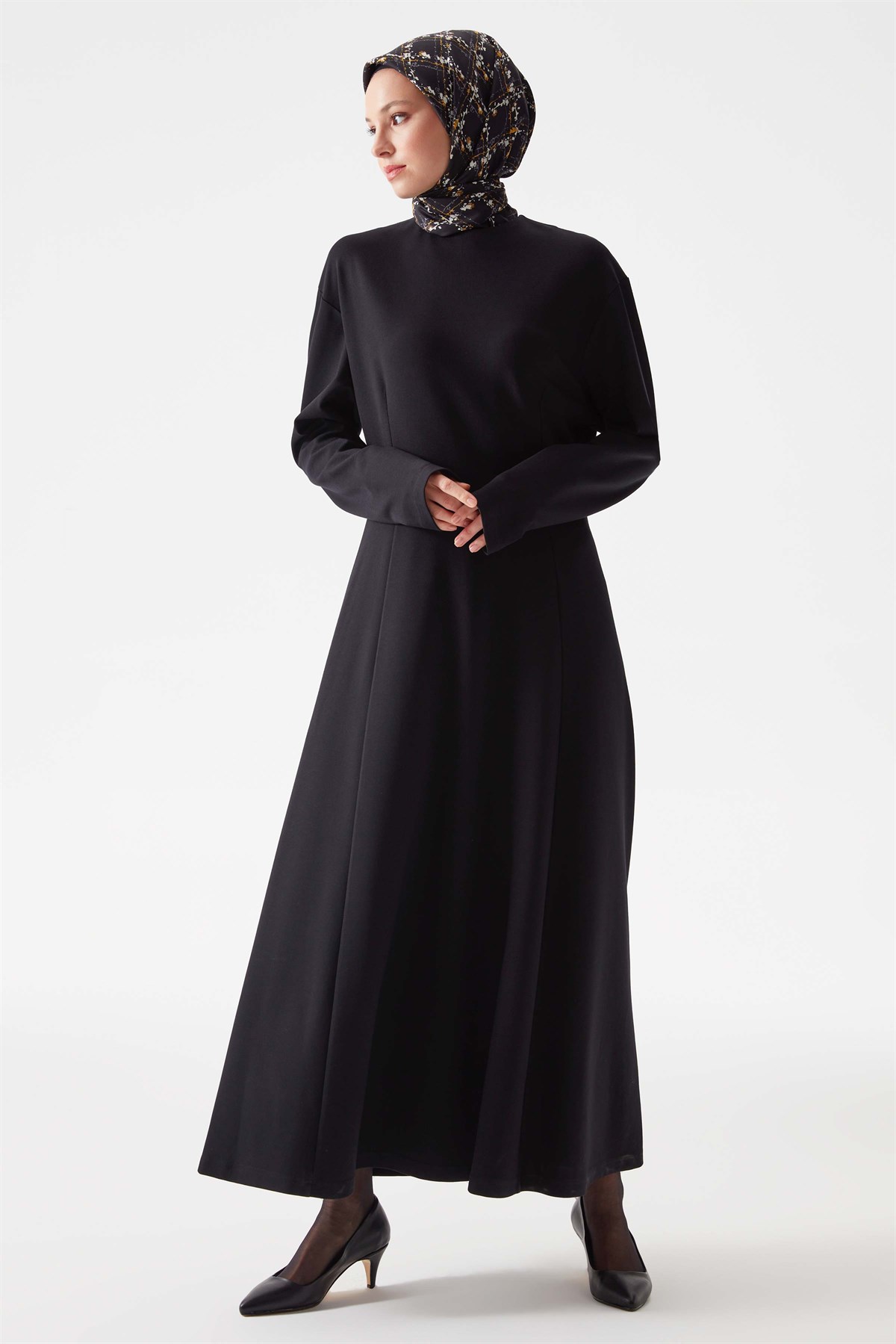 Sıfır Yaka Düşük Kol Elbise - Siyah