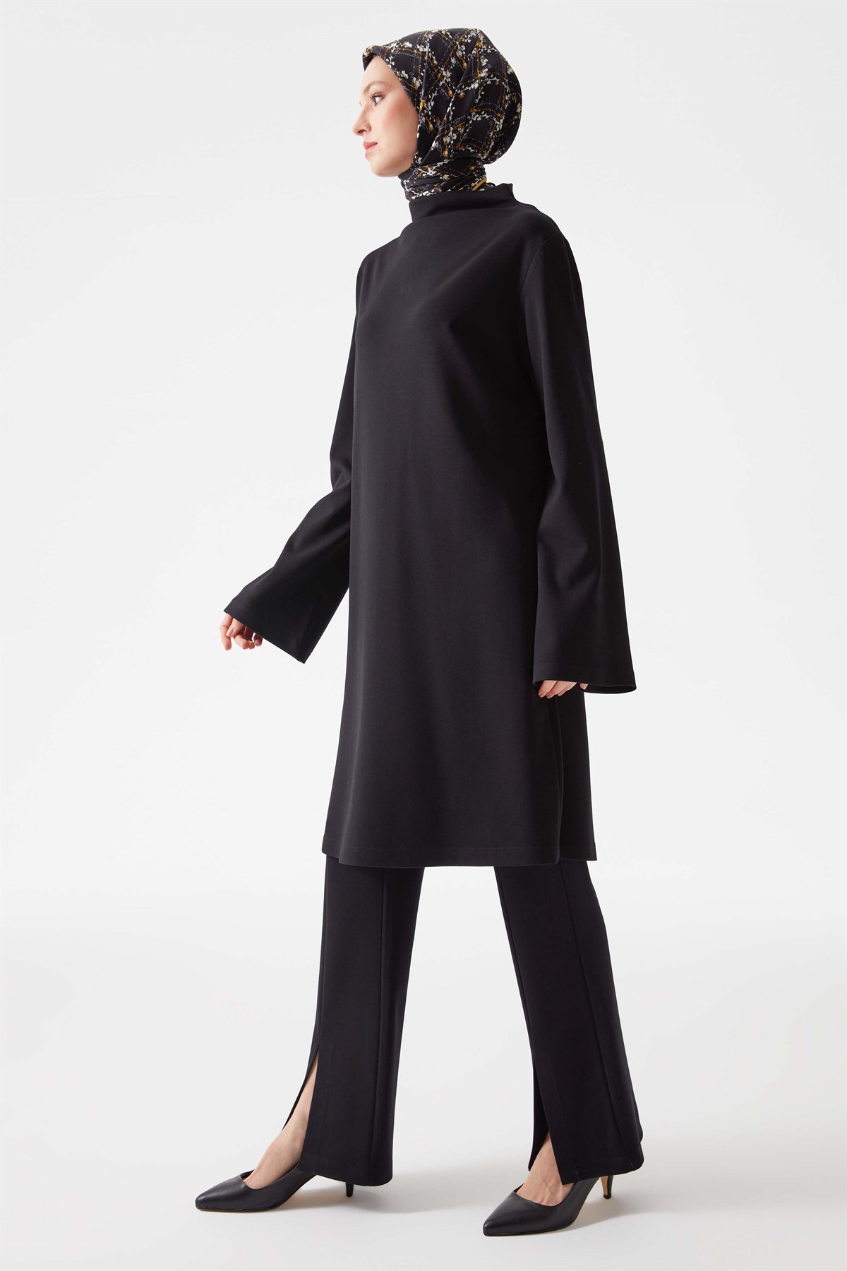 Zero Collar Tunic High Waist Elastic Wide Leg Slit Detailed Trousers Suit - Black