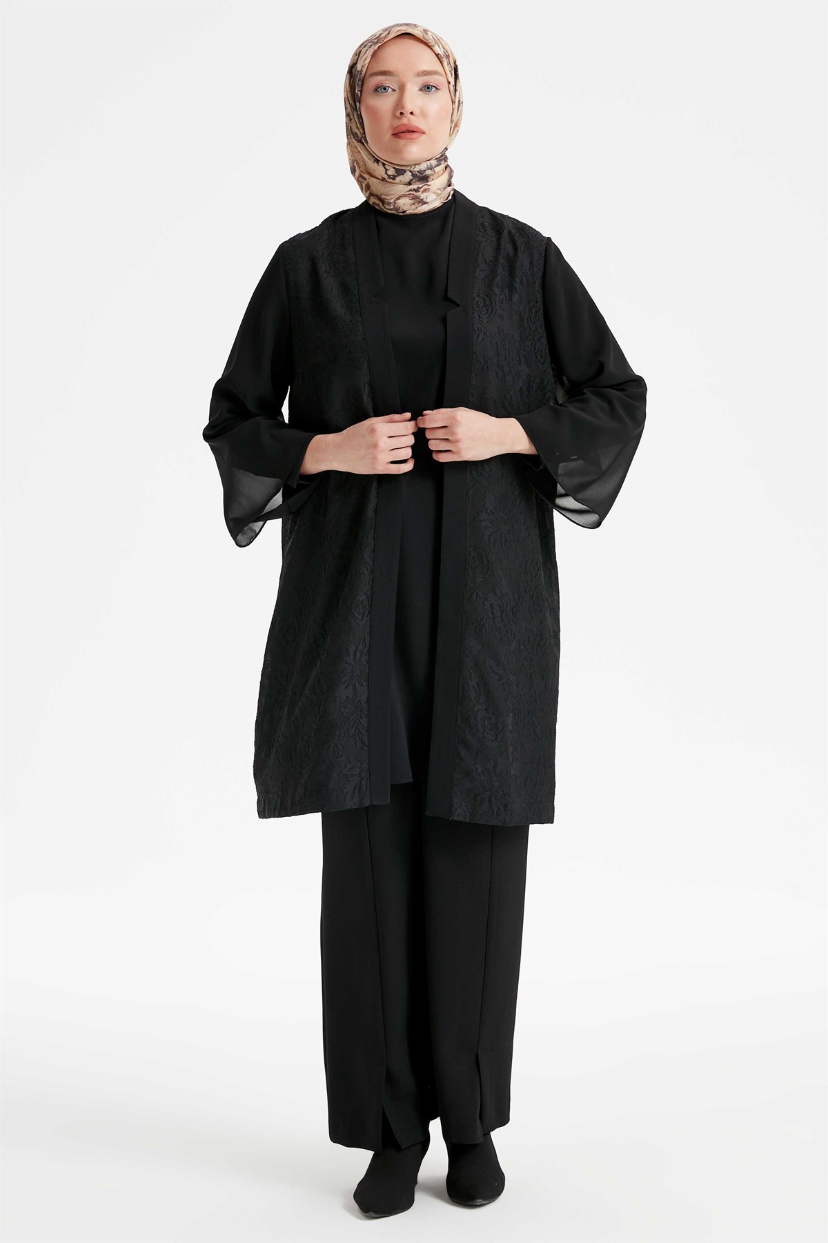 Şifon Detaylı Tunik Ceket Takım - Siyah - Siyah