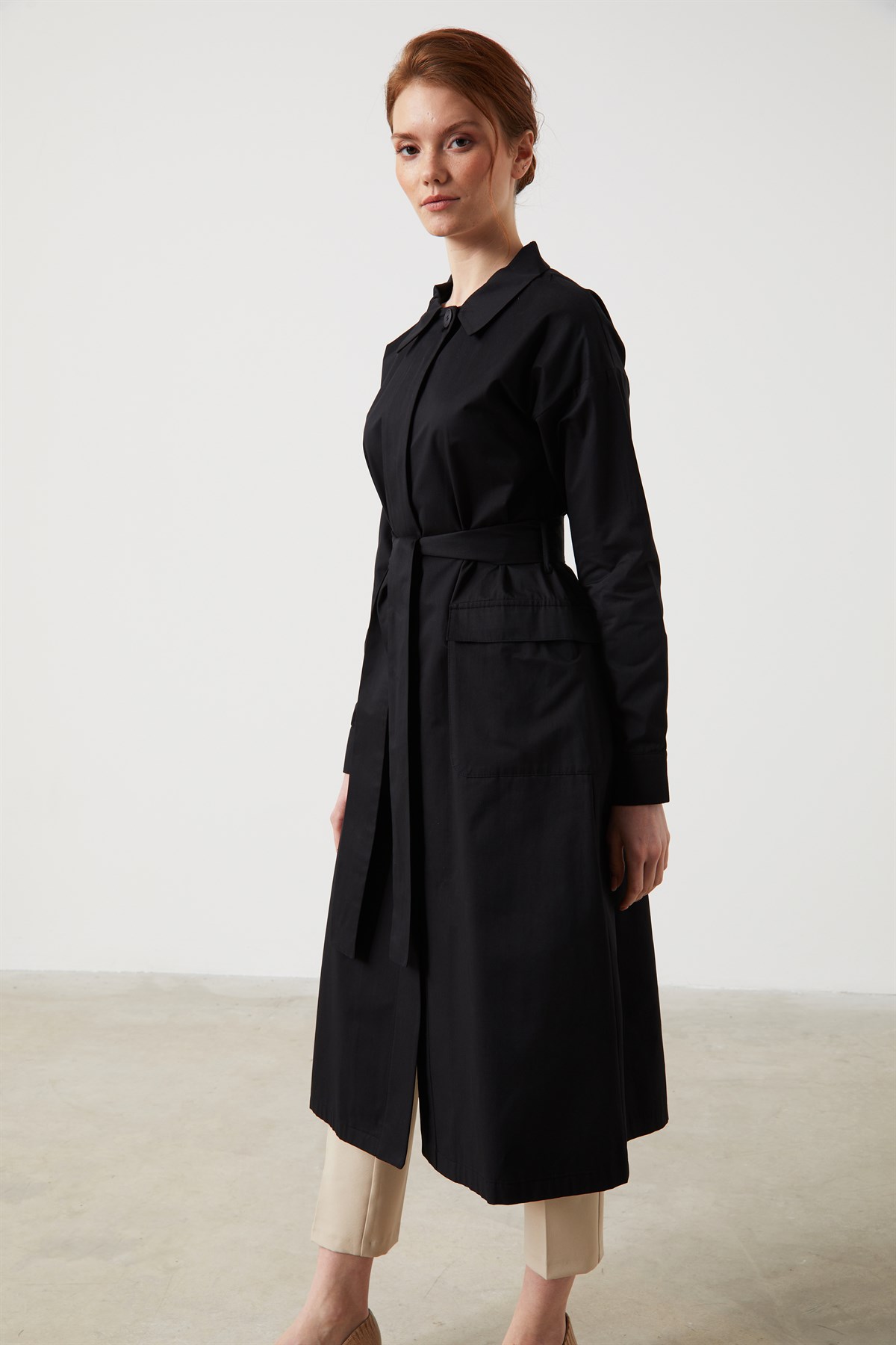 Buttoned Belted Trench Coat - Black