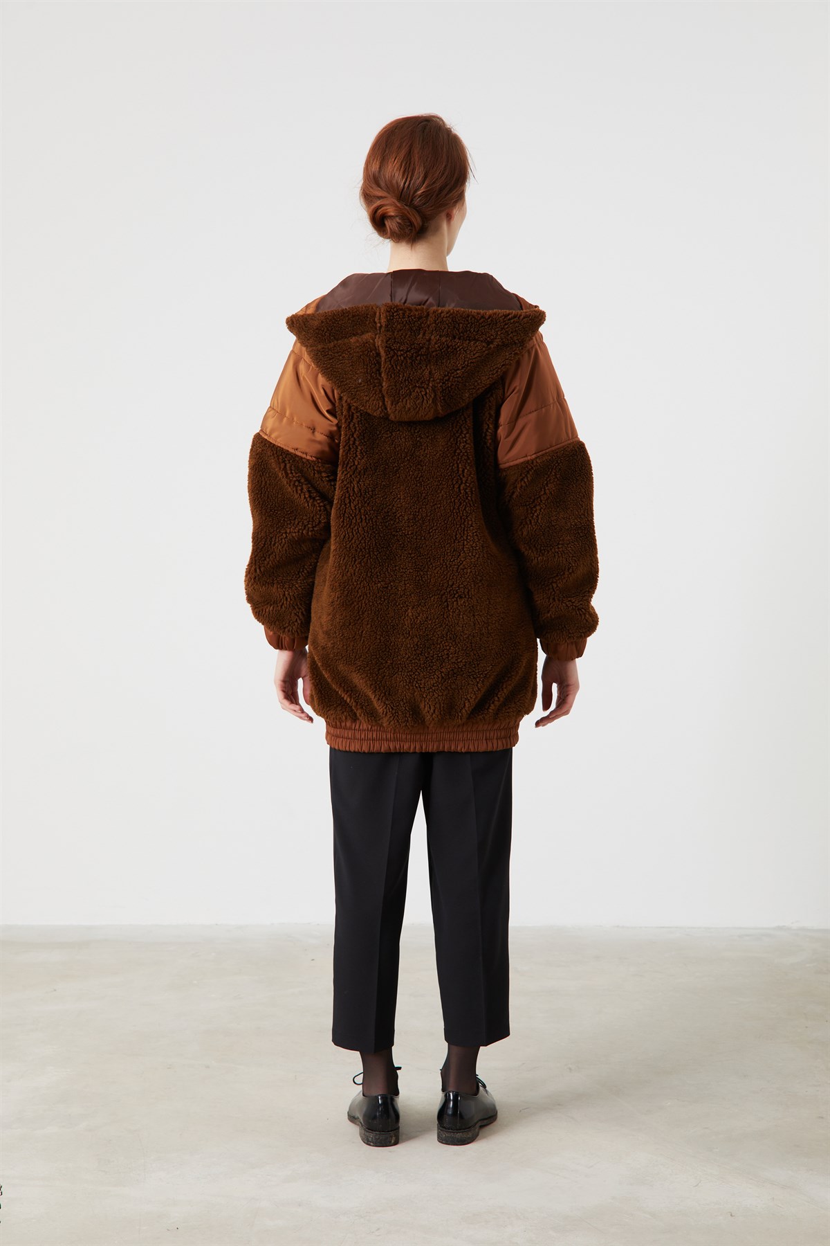 Hooded Quilted Fleece Coat - Brown
