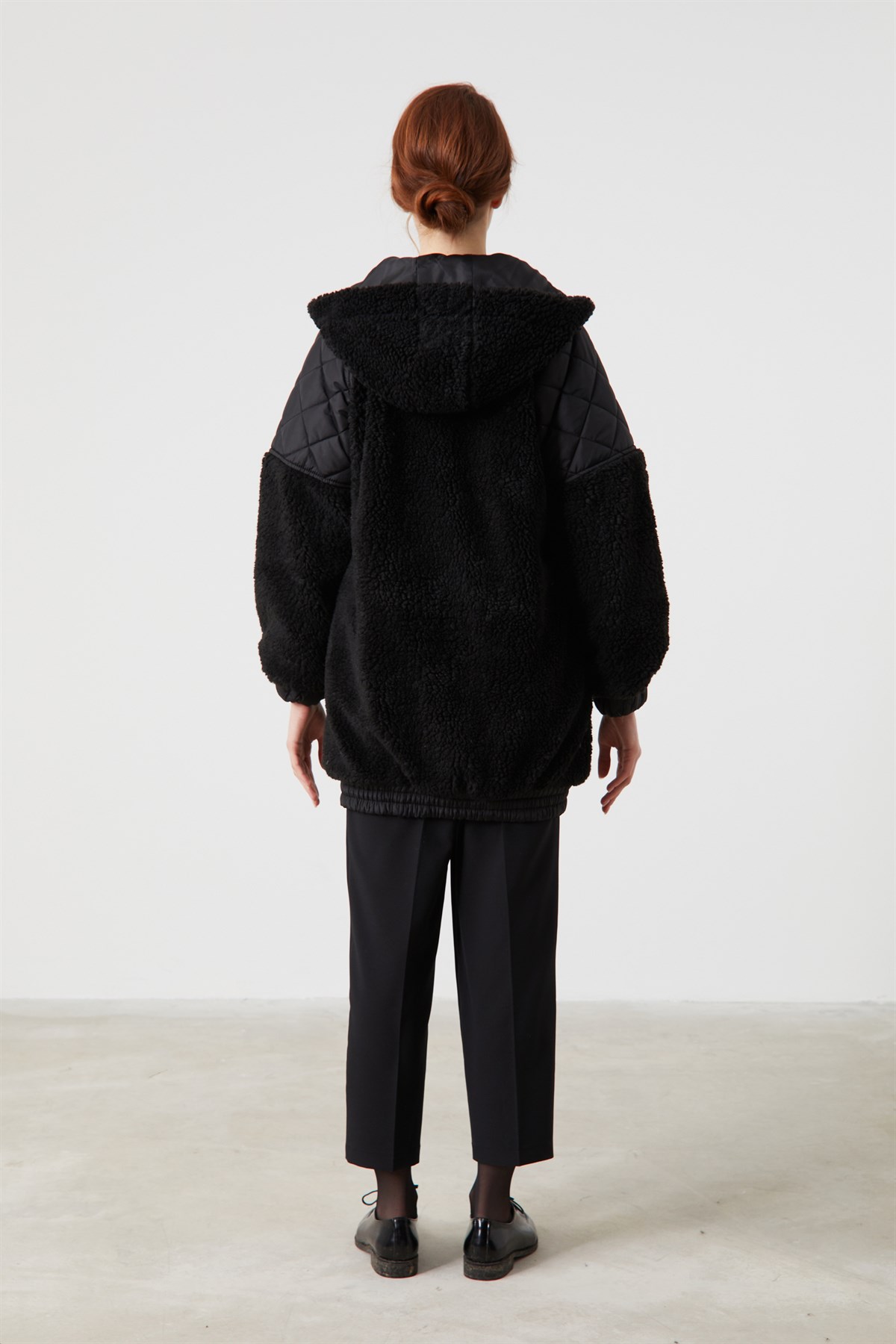 Hooded Quilted Fleece Coat - Black