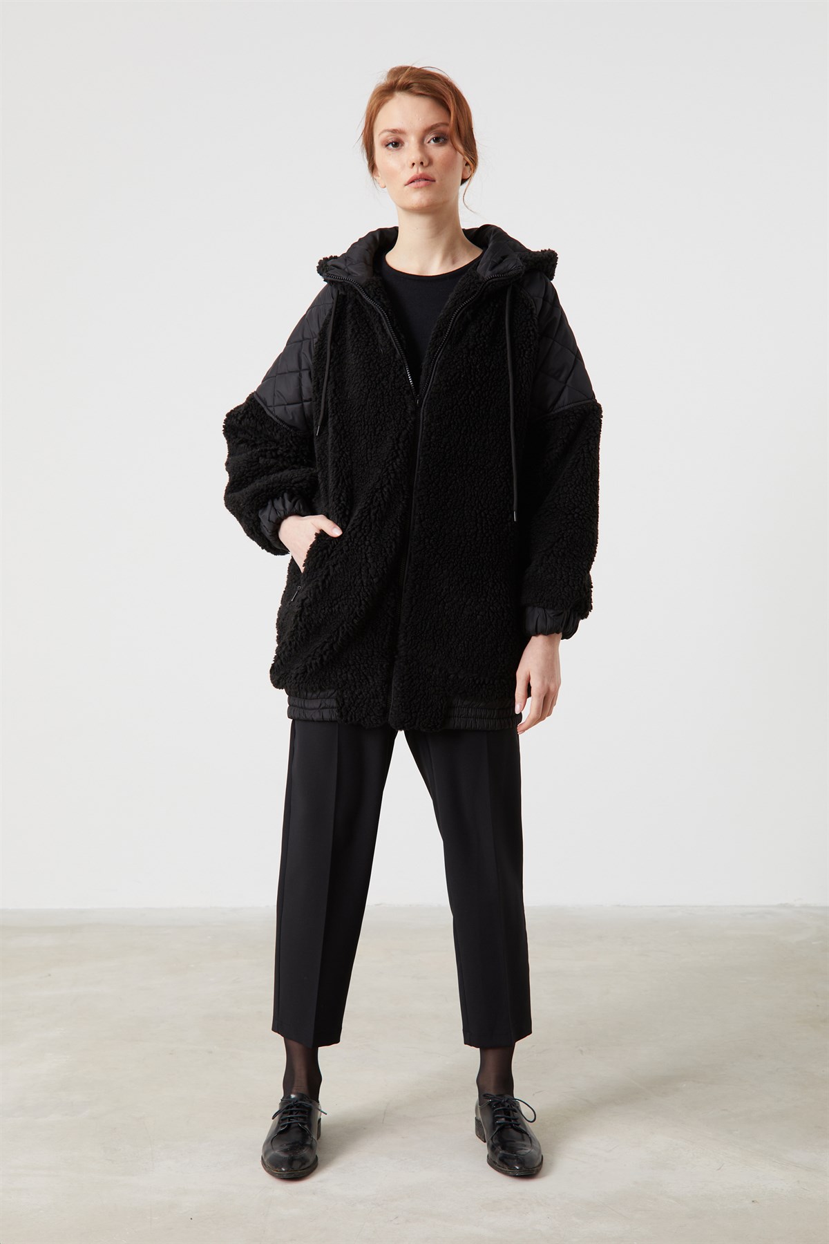 Hooded Quilted Fleece Coat - Black