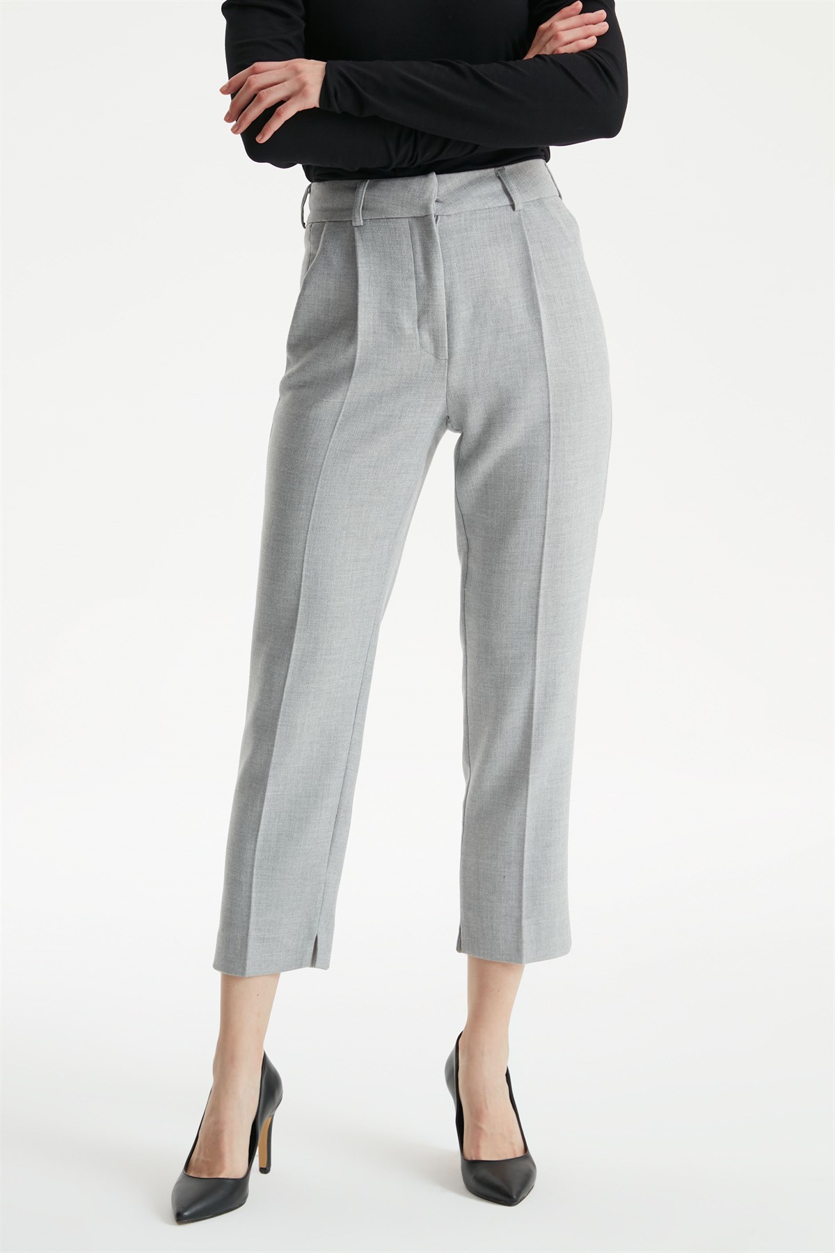 High Waist Single Pleated Pants - Gray