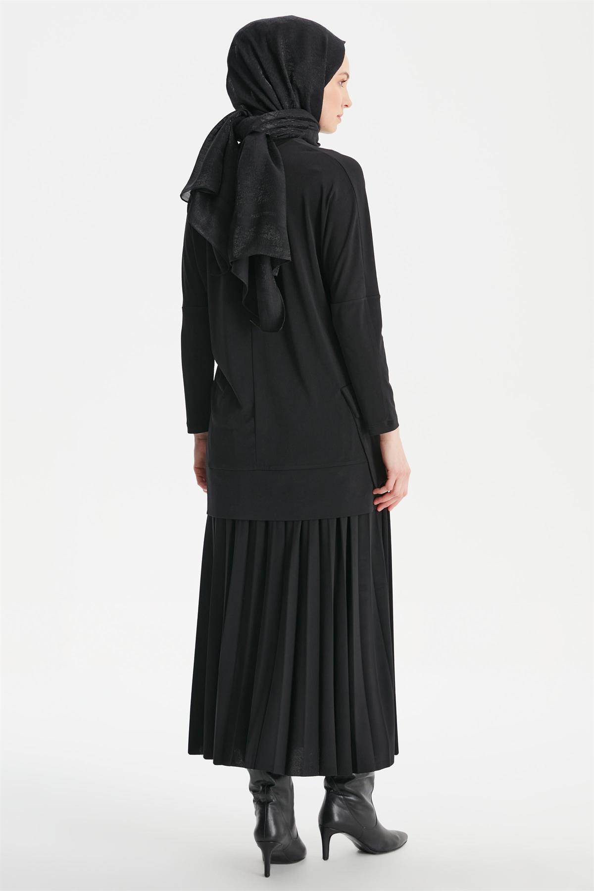 Basic Tunik Piliseli Etek İkili Takım - Siyah