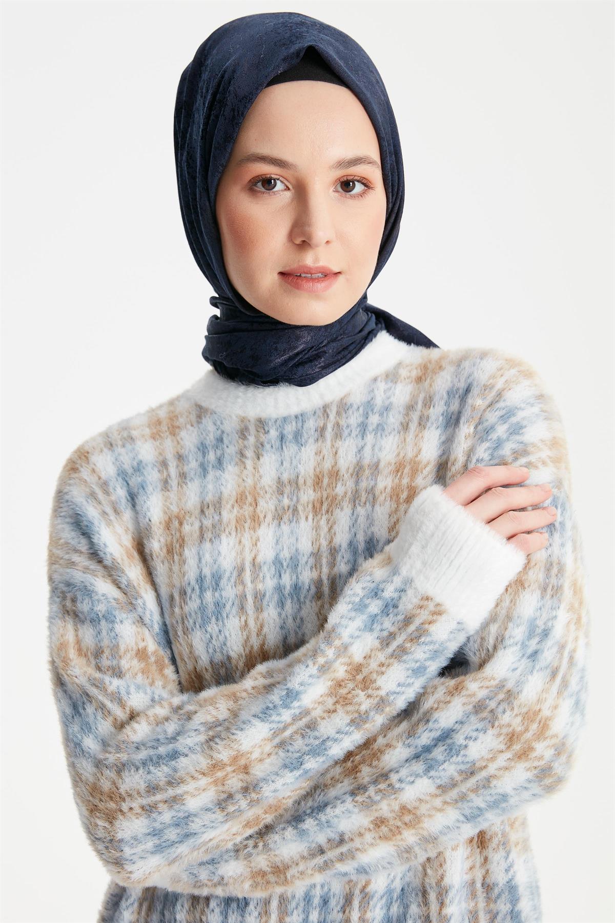 Bisiklet Yaka Ekoseli Triko Tunik - Mavi