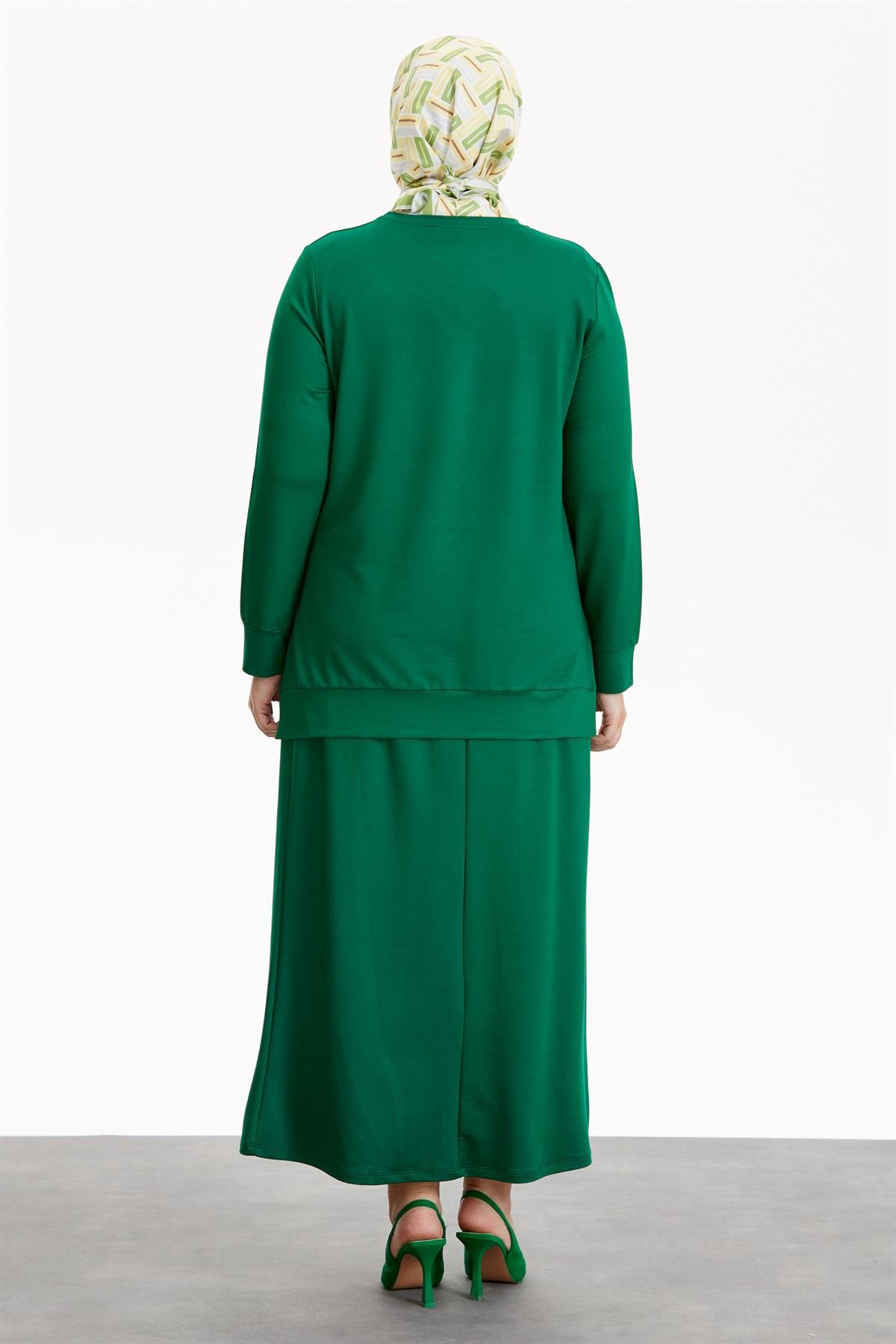 Büyük Beden Taşlı Cep Detaylı Etekli Bluz Takım - Benetton Yeşili