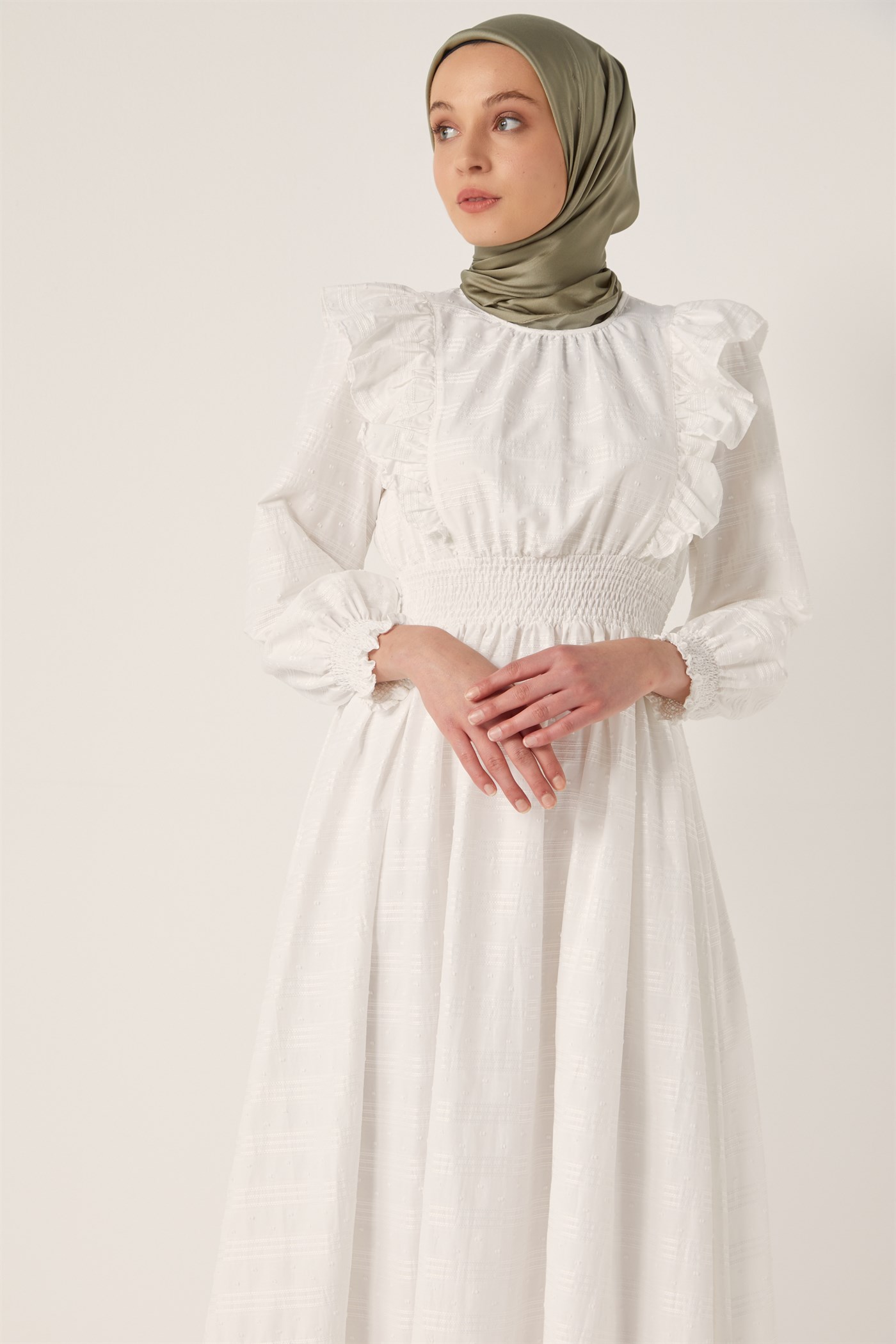 Ruffled Pleated Cotton Dress - Ecru