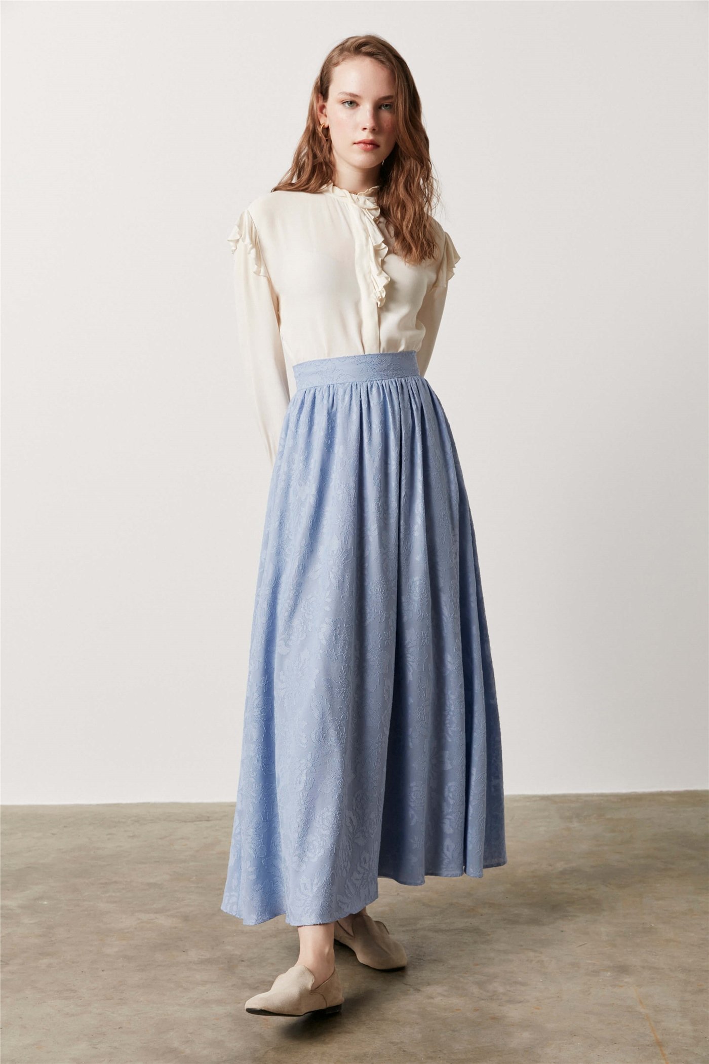 Jacquard High Waist Flared Skirt - Light Blue