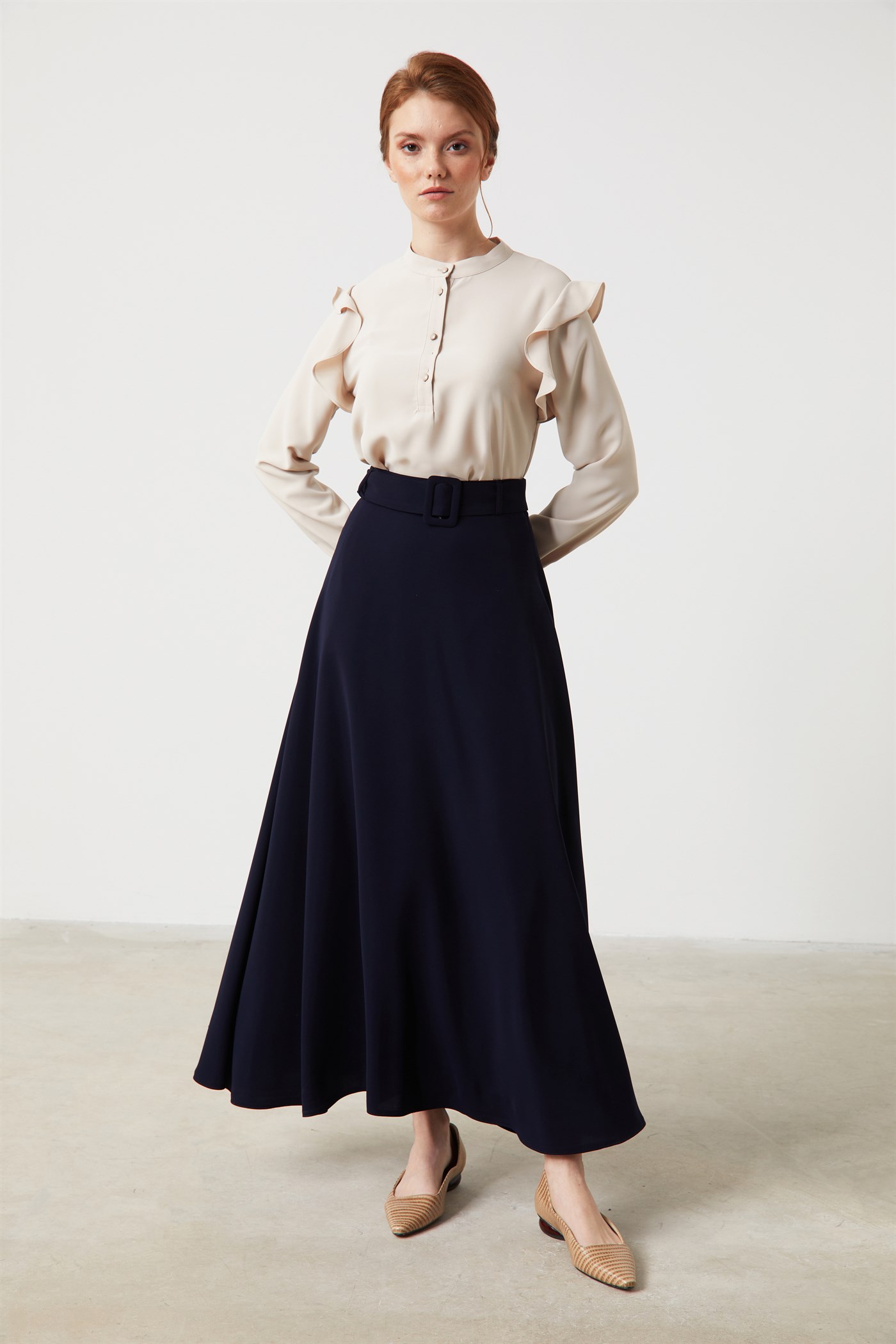High Waist Belted Flared Skirt - Navy Blue