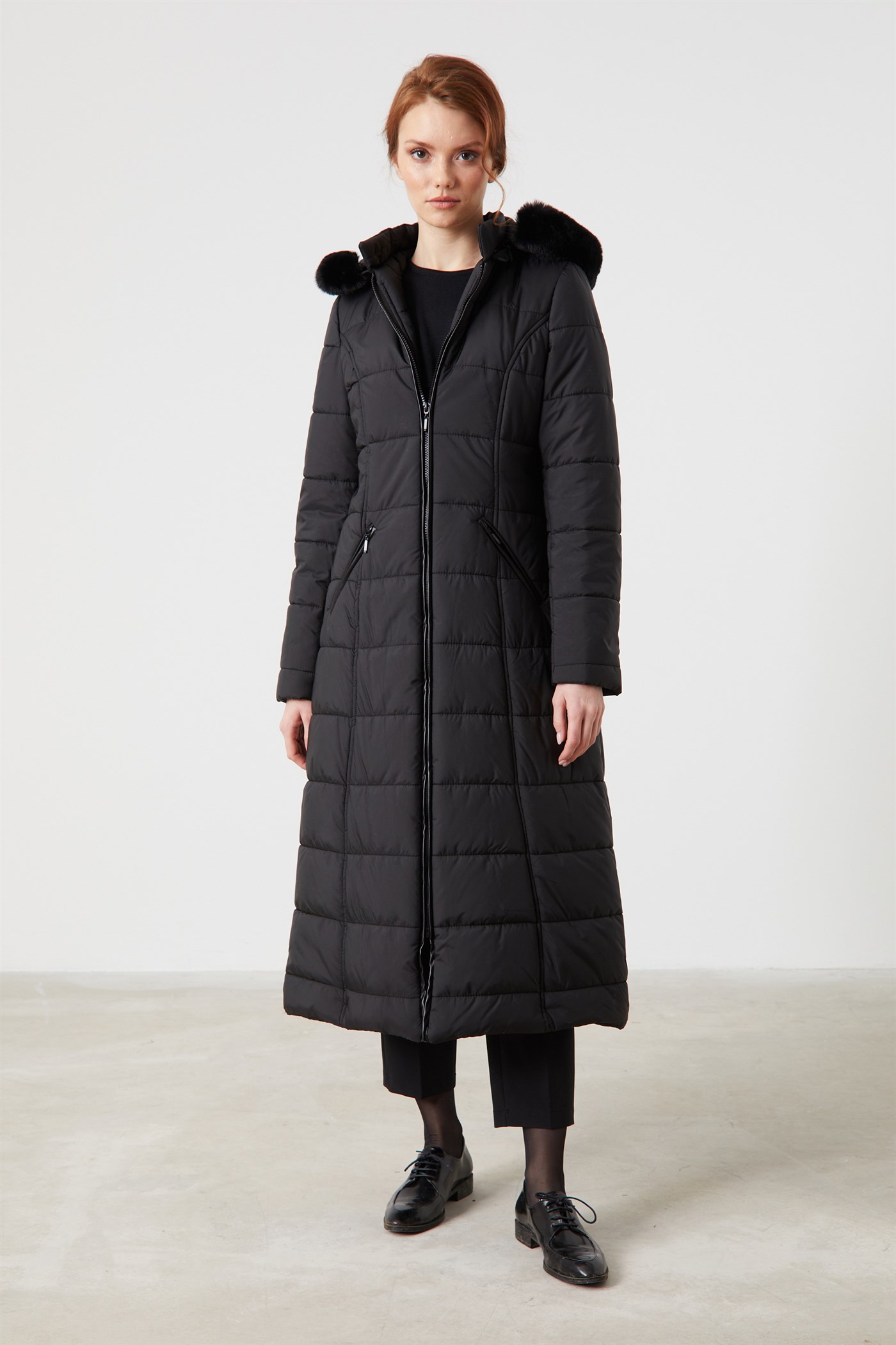 Fur Hooded Zippered Coat - Black