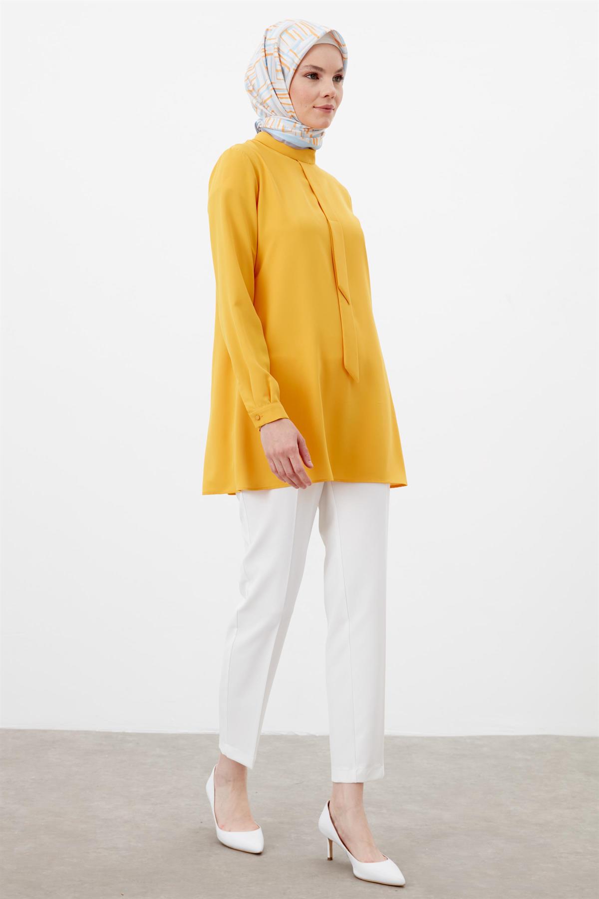 Kravat Detaylı Bluz - Sarı