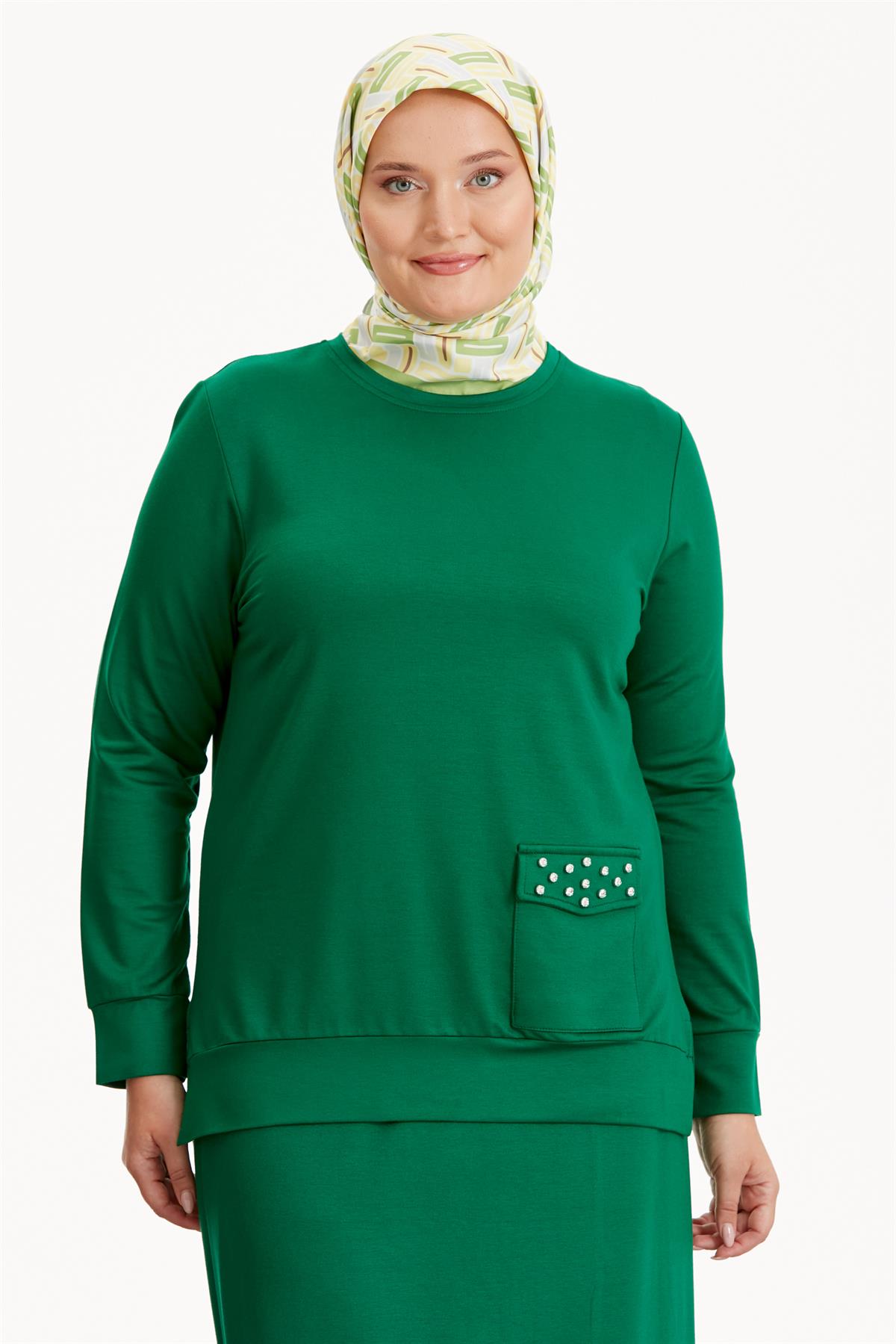 Büyük Beden Taşlı Cep Detaylı Etekli Bluz Takım - Benetton Yeşili