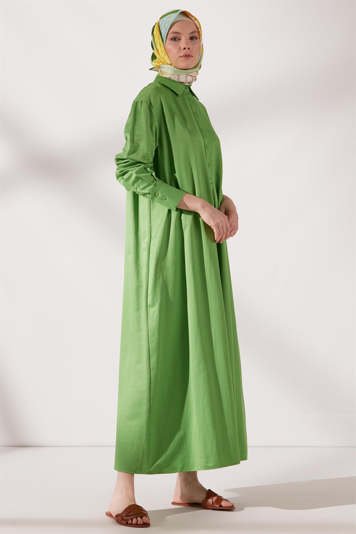 Düğme Kapamalı Basic Elbise - Benetton Yeşili