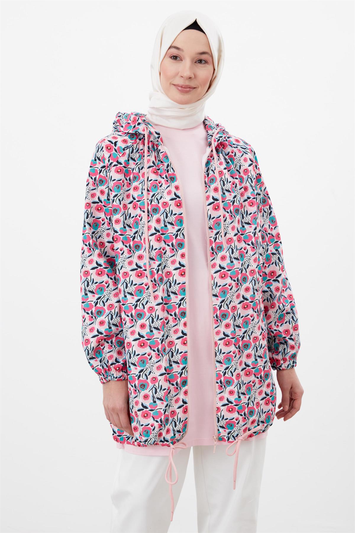 Fermuarlı Floral Desen Yağmurluk - Fuşya