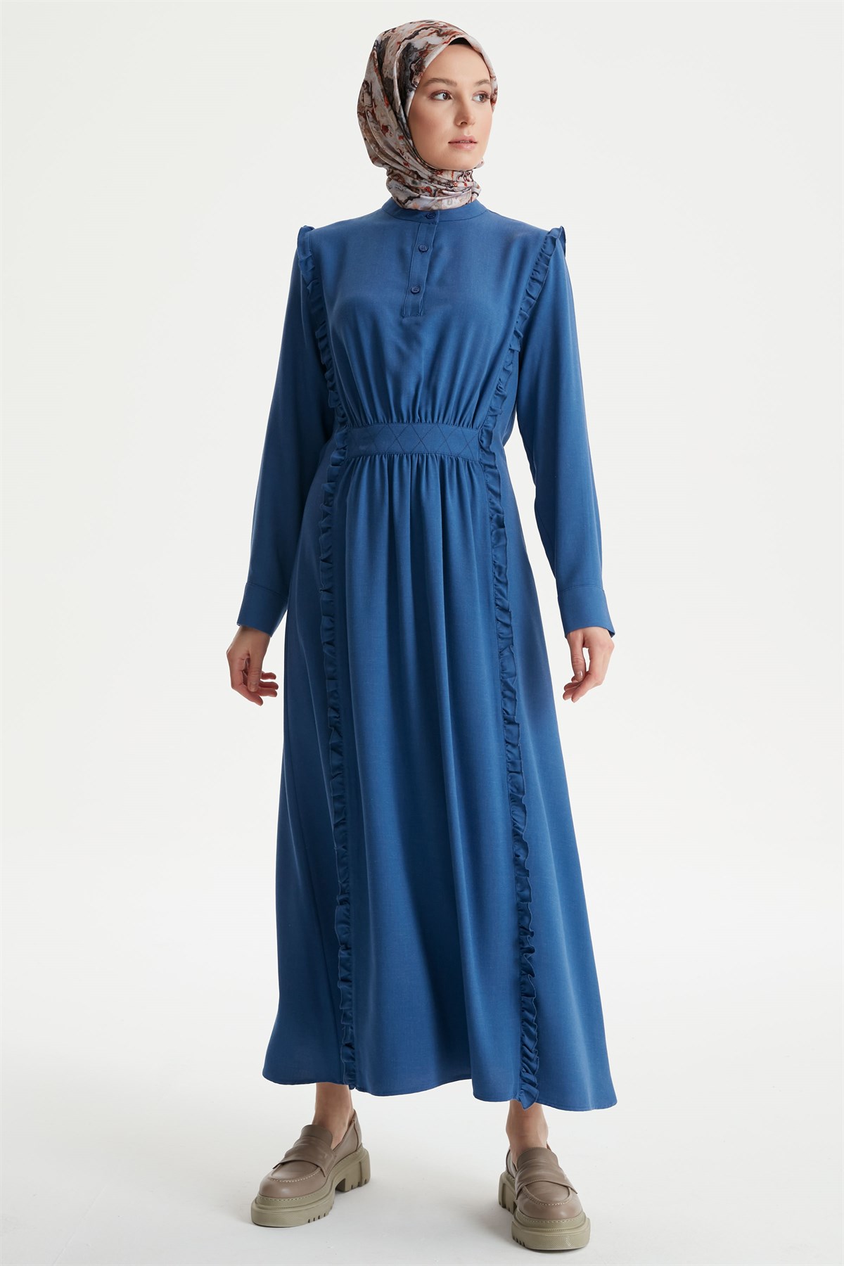 Fırfır Detaylı Robalı Elbise - Lacivert