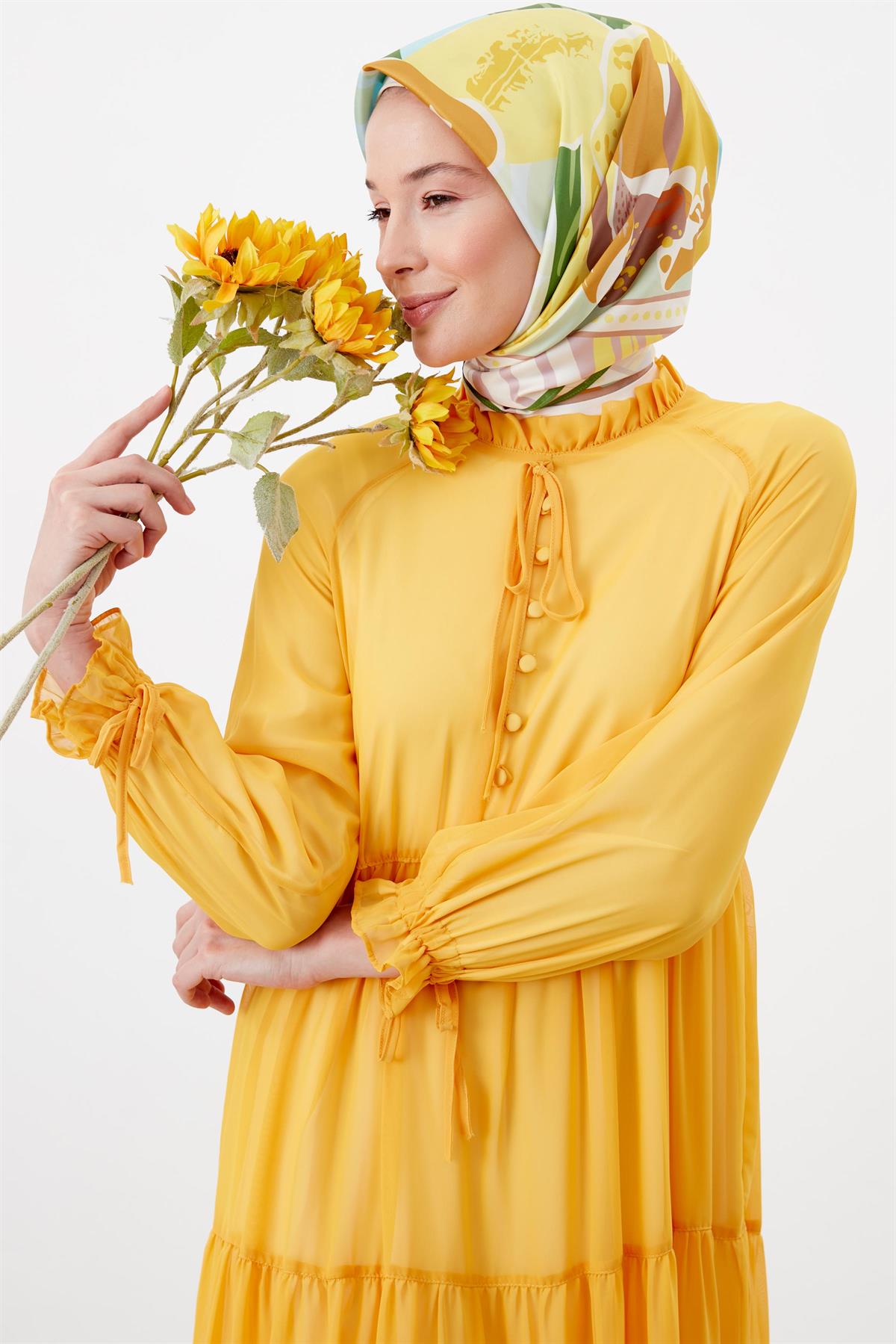 Reglan Kol Şifon Elbise - Sarı