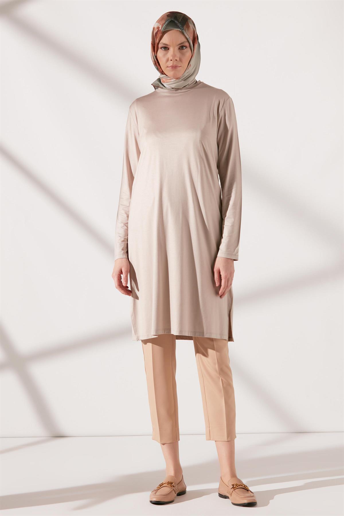 Sıfır Yaka Basic Penye Tunik - Taş