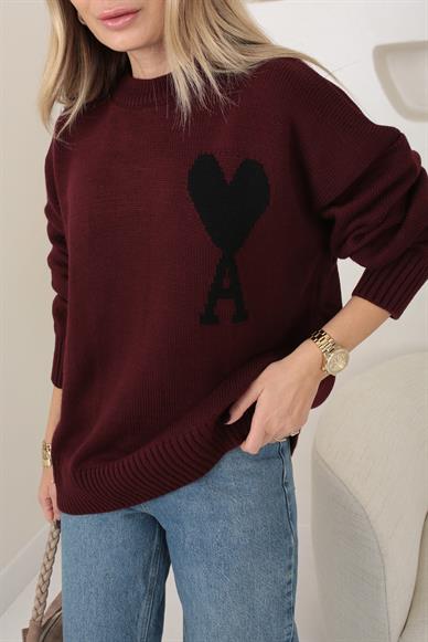 A Kalp Desenli Bordo Kazak