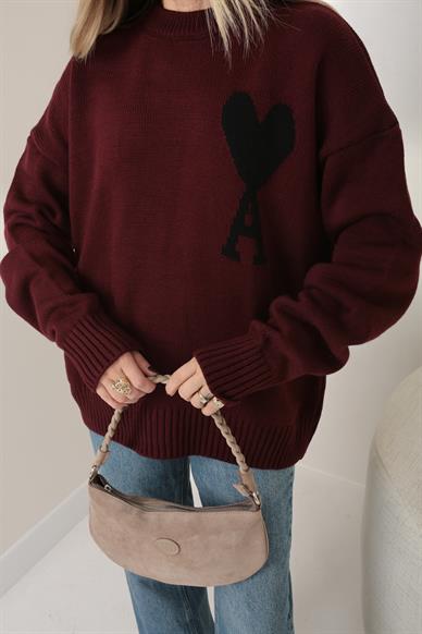 A Kalp Desenli Bordo Kazak