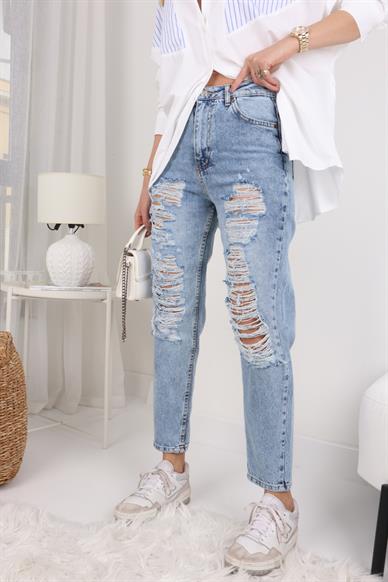 Açık Mavi Bol Yırtıklı Likrasız Mom Jean