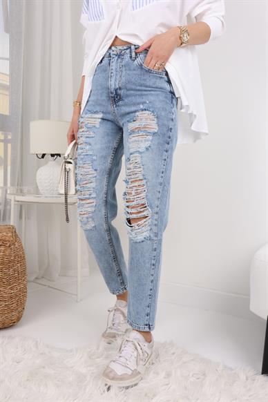 Açık Mavi Bol Yırtıklı Likrasız Mom Jean