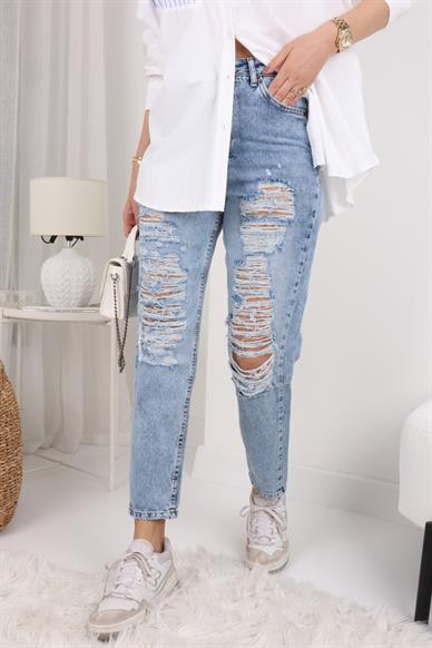 Açık Mavi Bol Yırtıklı Likrasız Mom Jean