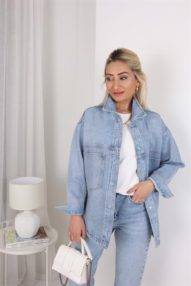 Açık Mavi Simli Oversize Denim Ceket