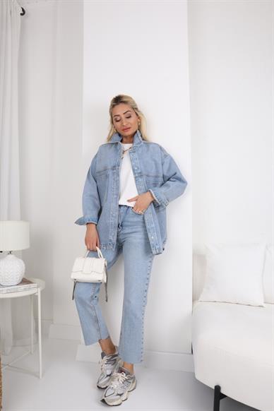 Açık Mavi Simli Oversize Denim Ceket