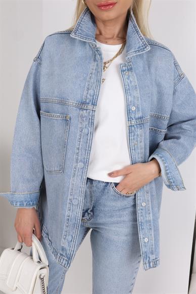 Açık Mavi Simli Oversize Denim Ceket