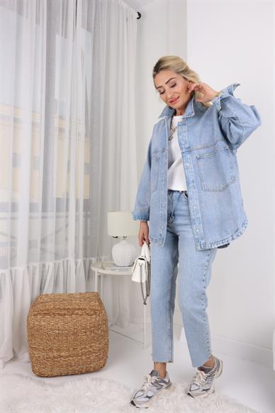 Açık Mavi Simli Oversize Denim Ceket