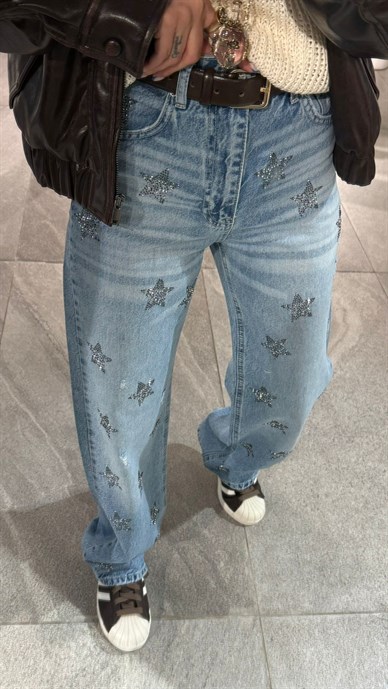 Açık Mavi Yıldız  Taşlı Straight Fit Jean(4587-84)
