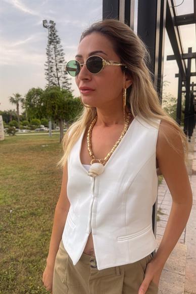 Agraflı Atlas Beyaz Yelek