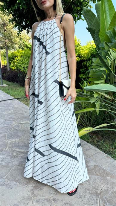 Asimetrik Çizgili Boyundan Bağlamalı Elbise