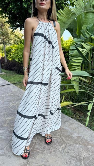 Asimetrik Çizgili Boyundan Bağlamalı Elbise